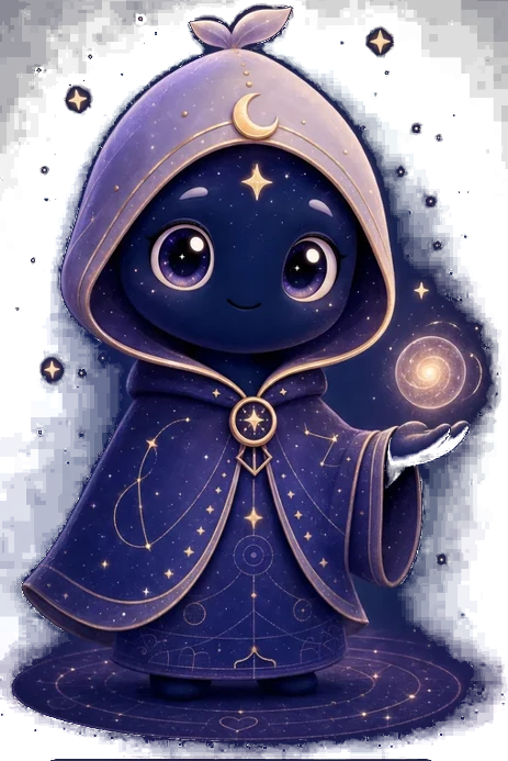 Lumi, the journal's guide: a small hooded figure in a starry cloak, holding up a glowing orb.